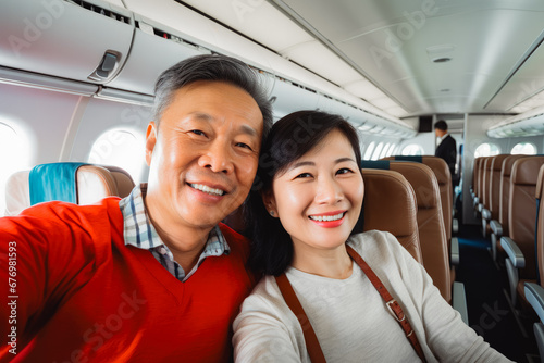 Happy smiling older asian tourist couple taking selfie inside airplane. Tourism concept, holidays and traveling lifestyle. © Katrin Kovac