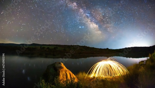 Obraz na płótnie Voie Lactée au-dessus d'un Lac avec Effet Lumineux w salonie