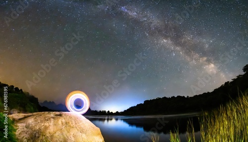 Obraz na płótnie Voie Lactée au-dessus d'un Lac avec Effet Lumineux w salonie