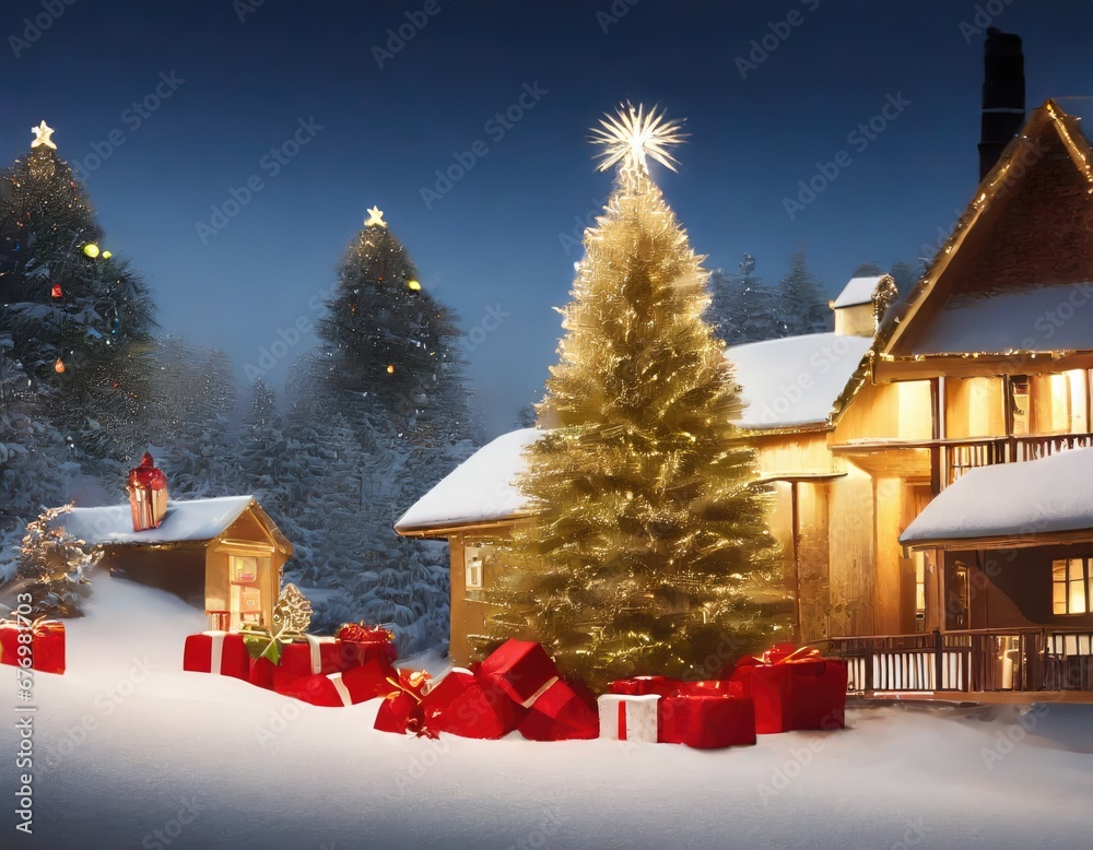 Maison Enneigée avec Sapin de Noël Lumineux