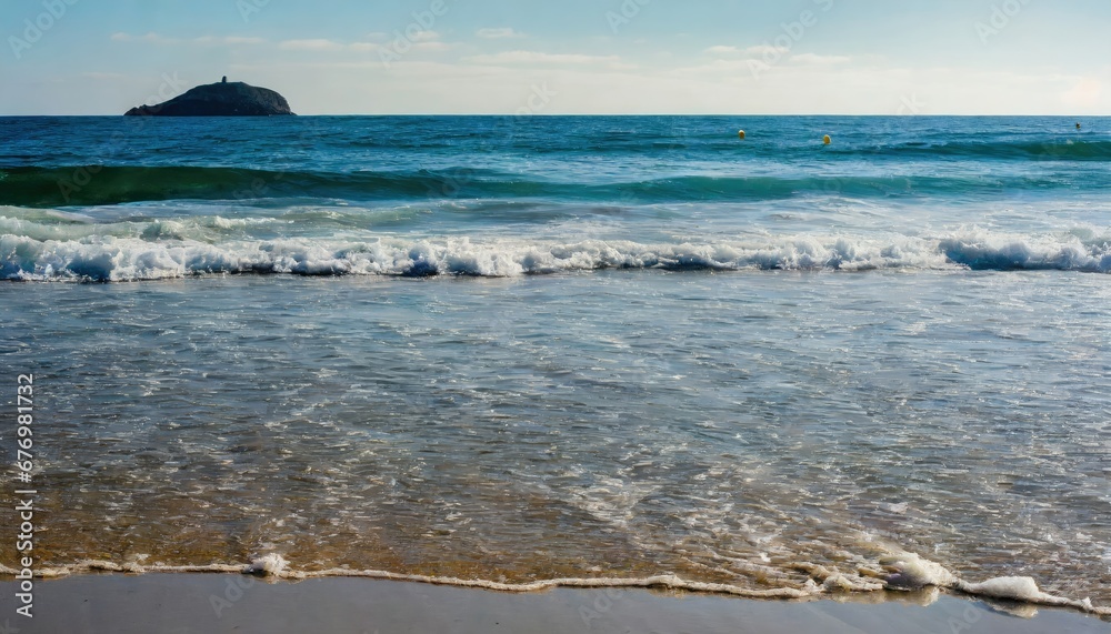 Plage et Mer avec Îlot à l'Horizon