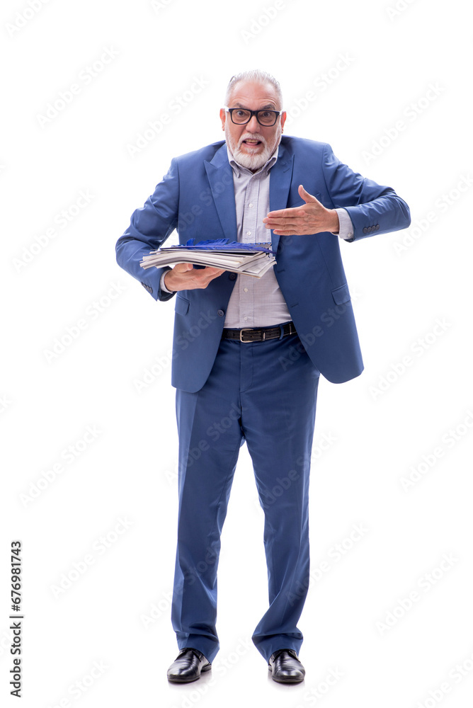Old boss holding heavy pile isolated on white Old boss holding heavy pile isolated on white