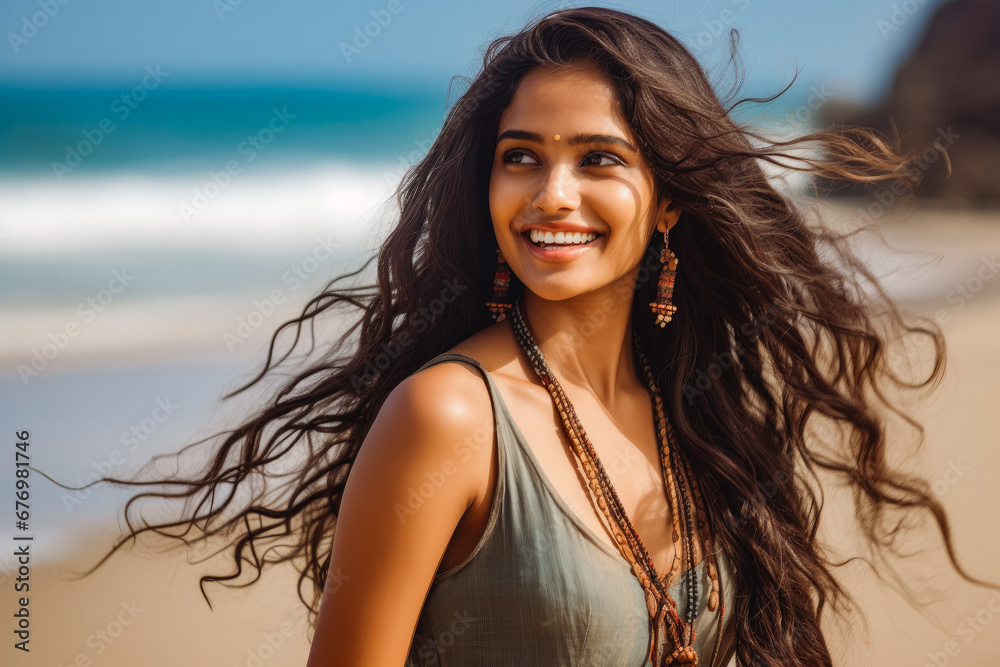 Happy beautiful young indian woman smiling at the beach. Summer at the beach, positivity and happy carefree lifestyle. Happy beautiful young indian woman smiling at the beach. Summer at the beach, positivity and happy carefree lifestyle.
