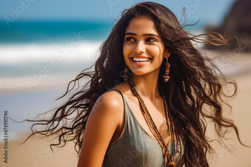 Happy beautiful young indian woman smiling at the beach. Summer at the beach, positivity and happy carefree lifestyle. © Katrin Kovac