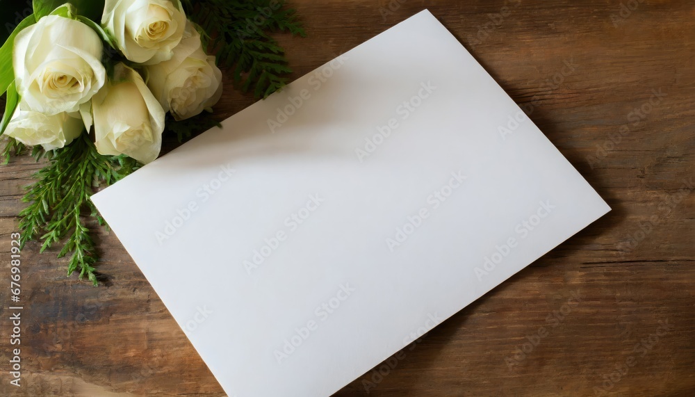 Roses Blanches et Carte Vierge sur Fond en Bois