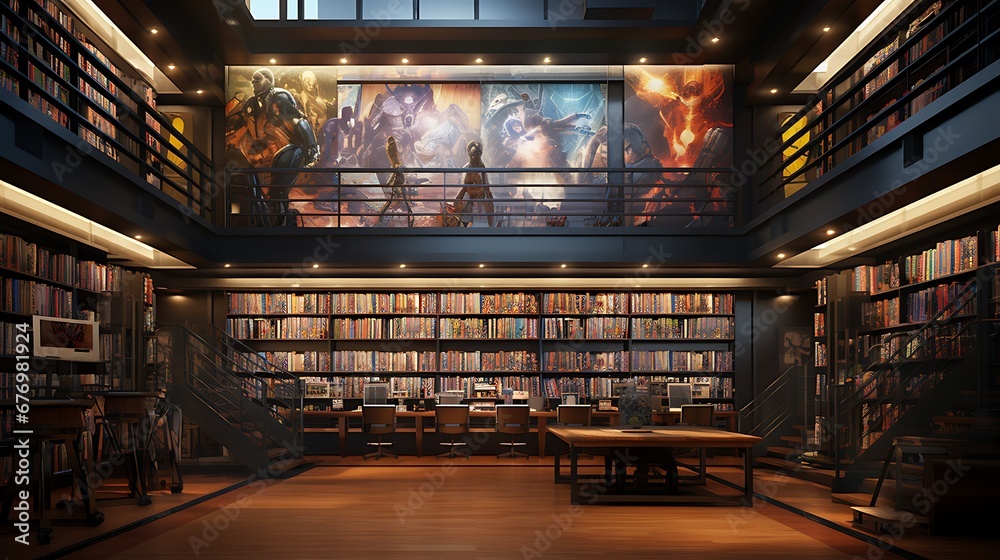 A library with a section for graphic novels and comic books.