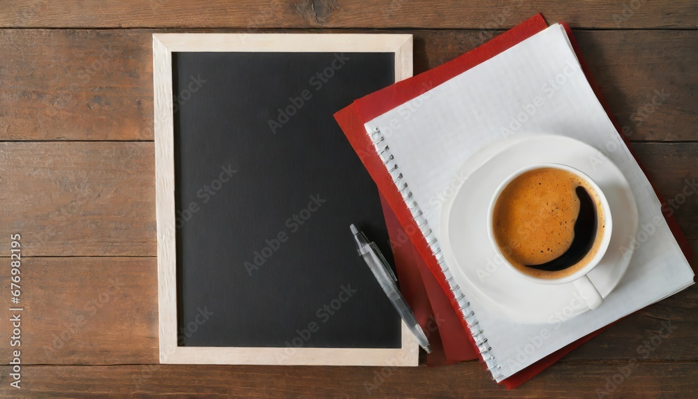 Café et cahier près du tableau noir