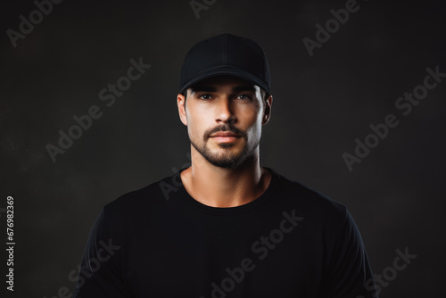 man wearing plain black cap and shirt for mockup. Fashion model male with black cap and neutral background. Black cap mockup.