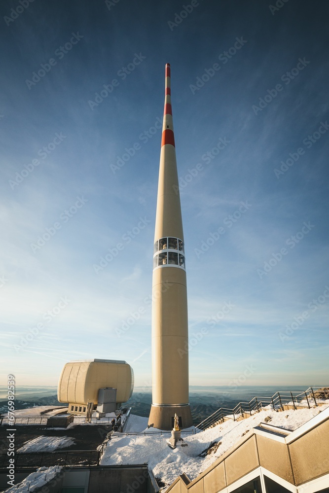 Vertical shot of a transmission tower in Alpstein, Santis mountain. Switzerland. Vertical shot of a transmission tower in Alpstein, Santis mountain. Switzerland.