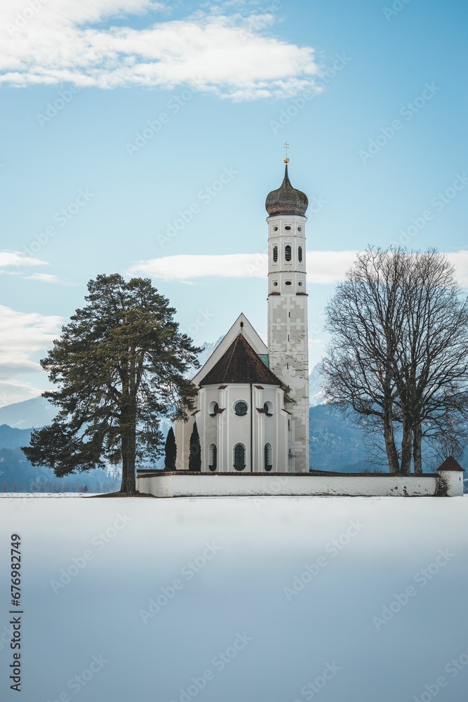 Vertical shot of St Coloman Church. Schwangau, Germany.