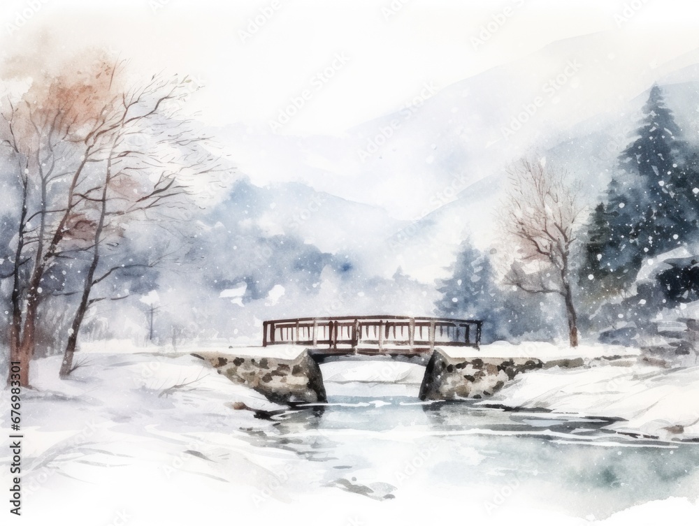 A bridge over a river in a snow-covered forest. Christmas watercolor illustration. Card background frame.