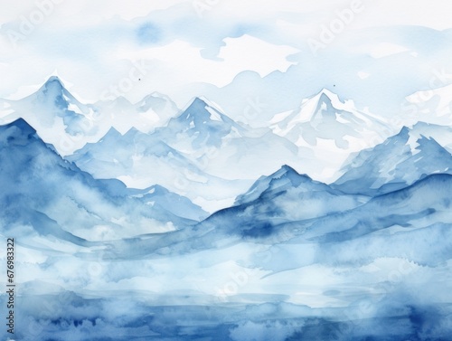 Snow-capped mountains. Christmas watercolor illustration. Card background frame.