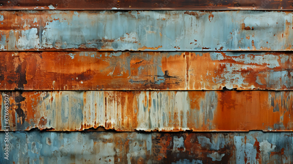 A close-up of corrugated metal with rust and patina. AI generative A close-up of corrugated metal with rust and patina. AI generative