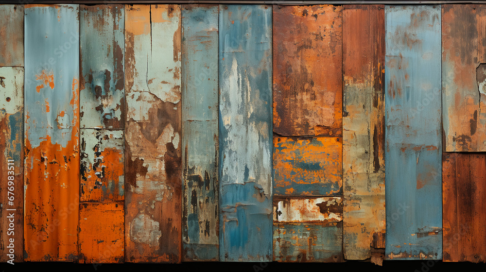 A close-up of corrugated metal with rust and patina. AI generative A close-up of corrugated metal with rust and patina. AI generative