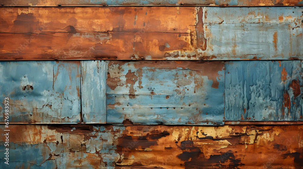 A close-up of corrugated metal with rust and patina. AI generative A close-up of corrugated metal with rust and patina. AI generative
