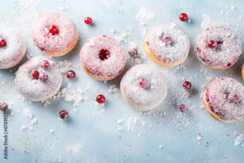 Hanukkah sweet food doughnuts sufganiyot with powdered sugar and fruit jam on light blue background. Shallow DOF. Jewish holiday Hanukkah concept. Top view with copy space photo