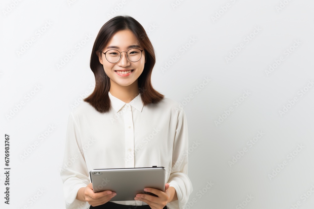 Image of young asian woman company worker in glasses smiling and holding digital tablet standing over white background, generative ai Image of young asian woman company worker in glasses smiling and holding digital tablet standing over white background, generative ai
