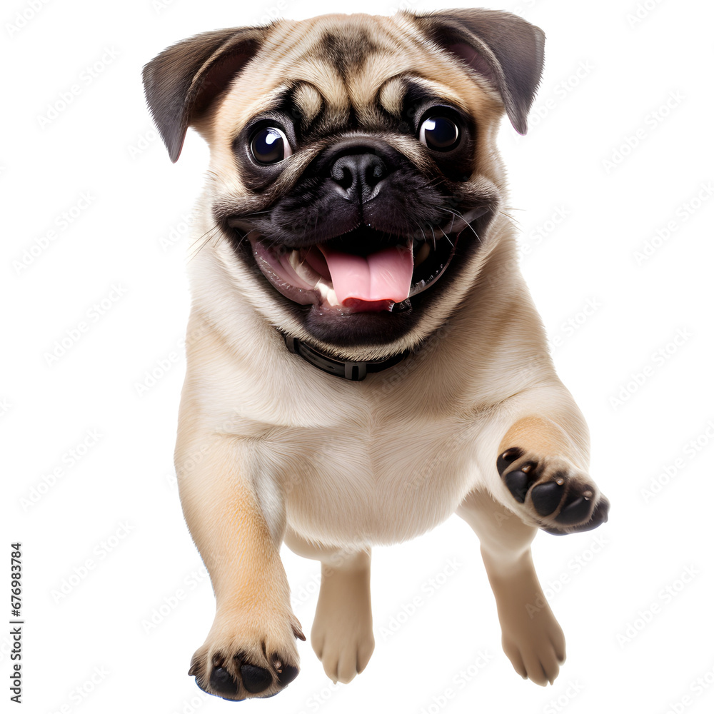 Young pug dog jumping isolated on transparent background.