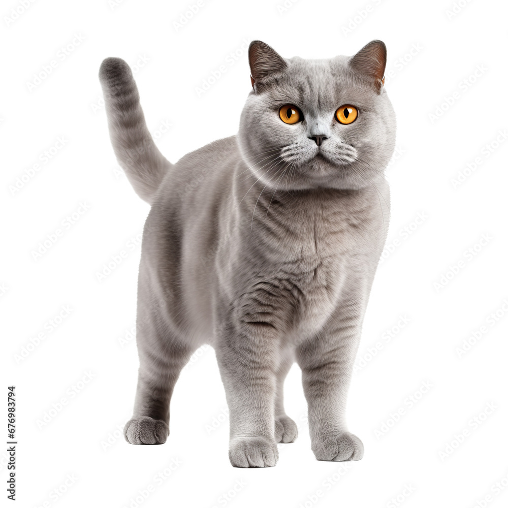 British Shorthair cat in full body pose, displayed against a transparent background, showcasing its plush coat and sturdy build.
