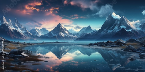 a serene lake reflecting snow-capped peaks under a twilight sky tinged with hues of pink and orange. The foreground features rocky terrain and scattered vegetation  enhancing the scene s wild beauty