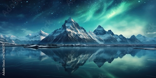 A spectacular display of the aurora borealis over a snow-capped mountain range, perfectly mirrored in the glassy surface of a serene lake below a star-filled sky.