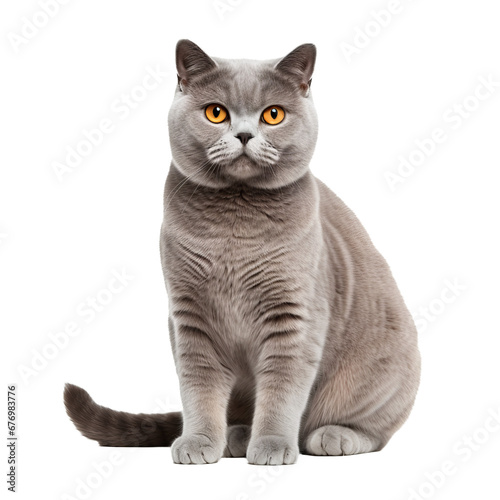 British Shorthair cat, with a dense coat, sits on a transparent background, displaying a full body side profile. © INORTON