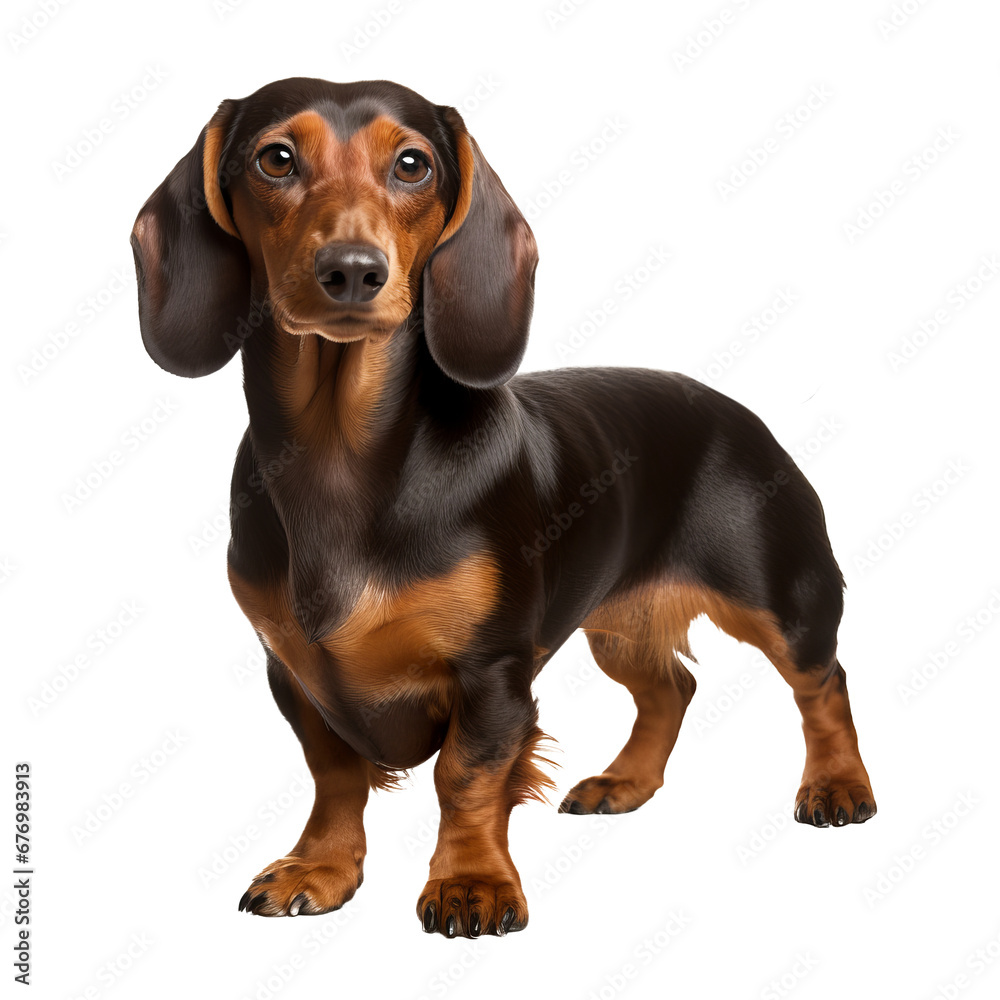 A Dachshund dog displayed in full body detail stands on a transparent background, showcasing its long silhouette.