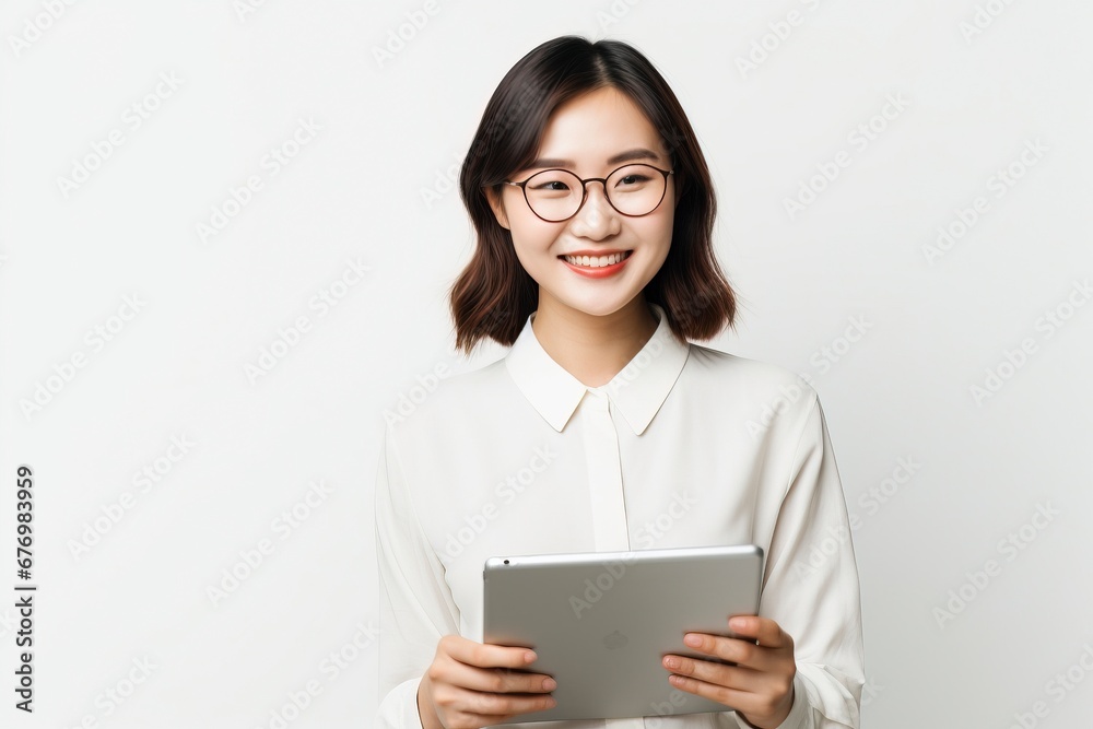Image of young asian woman company worker in glasses smiling and holding digital tablet standing over white background, generative ai Image of young asian woman company worker in glasses smiling and holding digital tablet standing over white background, generative ai