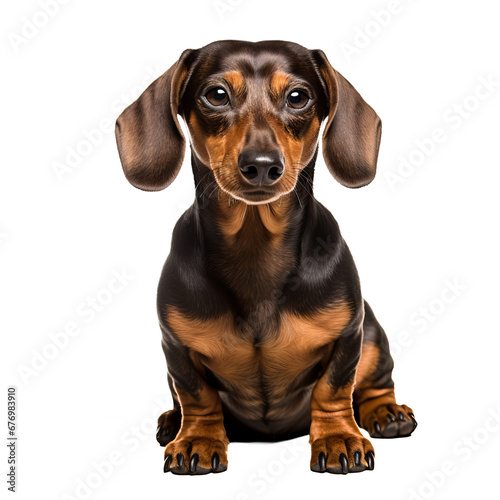 A full-body illustration of a Dachshund dog standing with a side profile view on a transparent background, showcasing its long body and short legs. © INORTON
