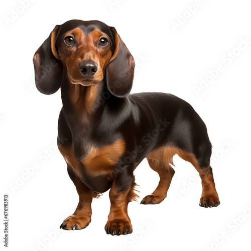 A Dachshund dog displayed in full body detail stands on a transparent background  showcasing its long silhouette.