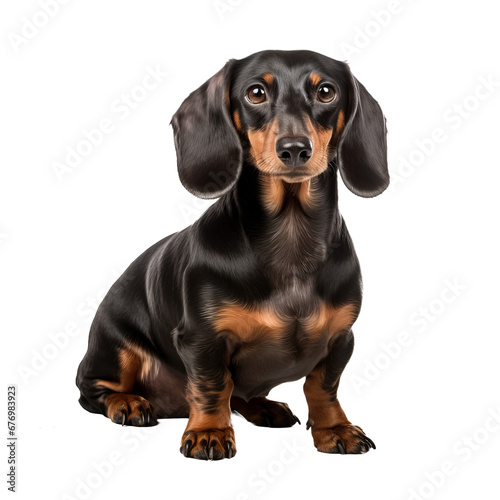 A full-body image of a Dachshund dog with a smooth coat  displayed stand-alone on a transparent background  showcasing its long silhouette.