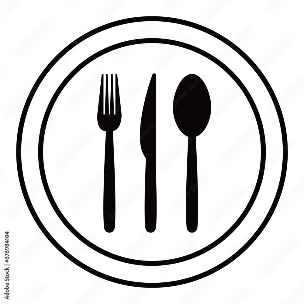 Tableware vector illustration on white background. Fork, knife, plate, spoon icon. Restaurant dining and eating utensils. Dark shape silhouette. Tableware vector illustration on white background. Fork, knife, plate, spoon icon. Restaurant dining and eating utensils. Dark shape silhouette.