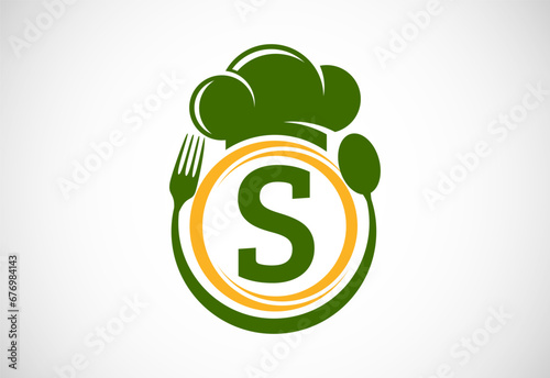Initial alphabet S with chef hat, spoon and fork. Modern vector logo for cafe, restaurant, cooking business, and company identity