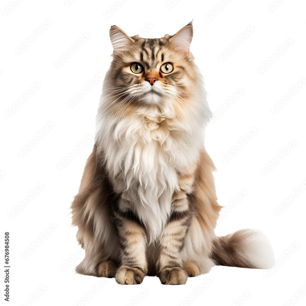 Persian cat in full pose, fluffy and elegant, with clear, detailed fur, displayed against a transparent backdrop for versatile use.