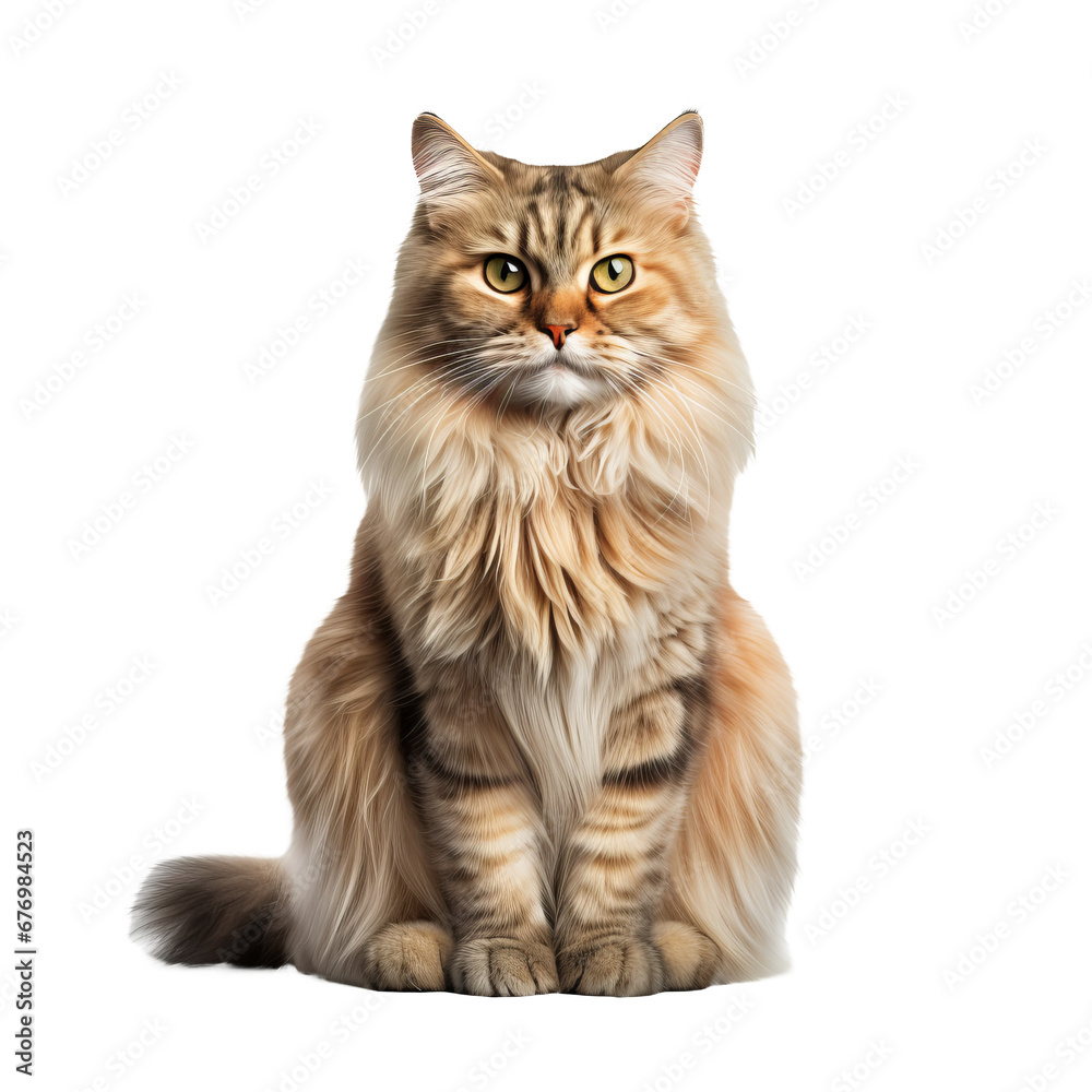 Full-bodied Persian cat, fluffy and poised, stands elegantly on a transparent backdrop, showcasing its luxurious fur and regal demeanor.