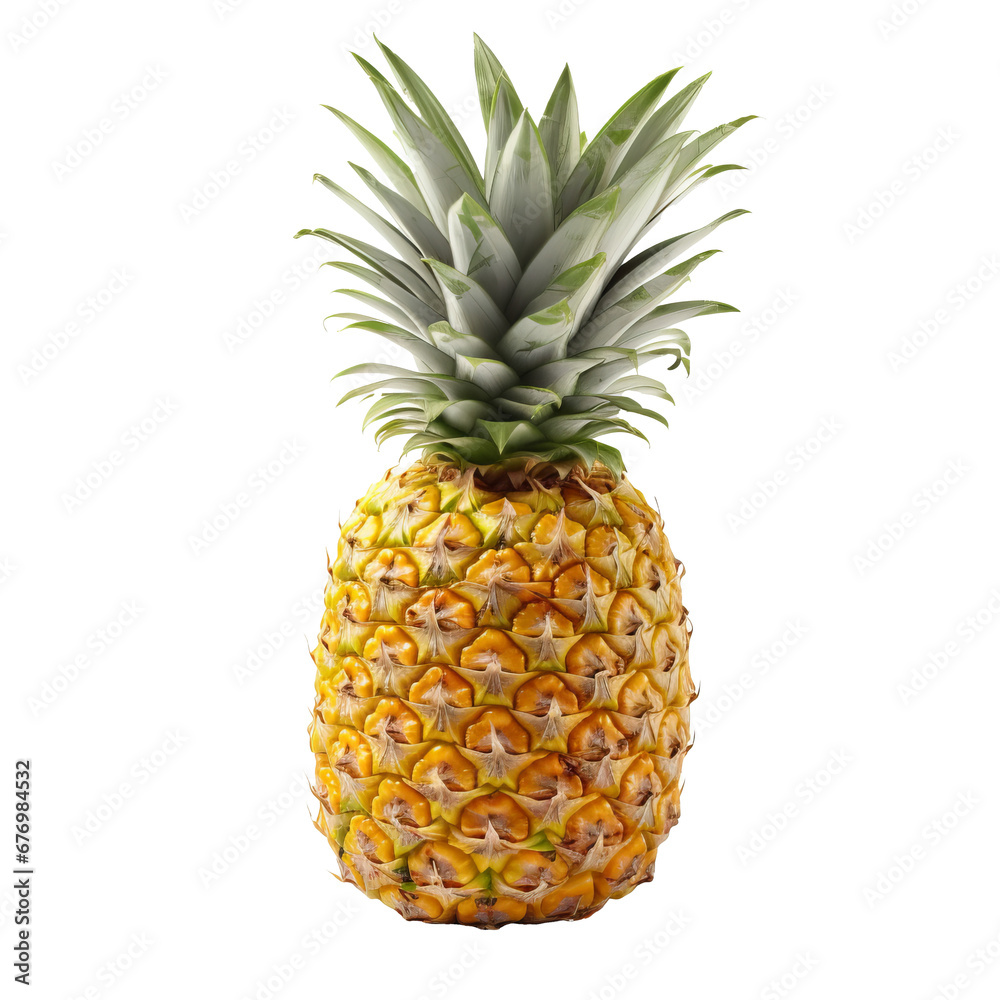 A complete pineapple with a visible crown and skin, displayed in its entirety against a clear, transparent backdrop. A complete pineapple with a visible crown and skin, displayed in its entirety against a clear, transparent backdrop.