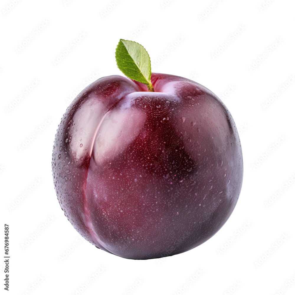 Plum fruit depicted in full detail, vibrant and ripe, isolated against a transparent background for versatile use.