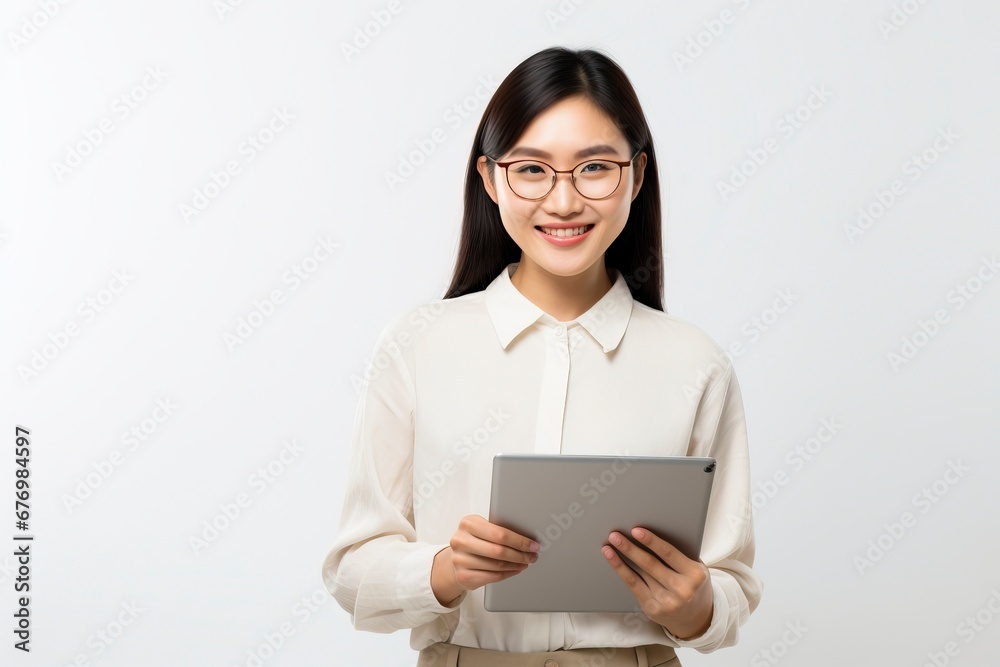 Image of young asian woman company worker in glasses smiling and holding digital tablet standing over white background, generative ai Image of young asian woman company worker in glasses smiling and holding digital tablet standing over white background, generative ai