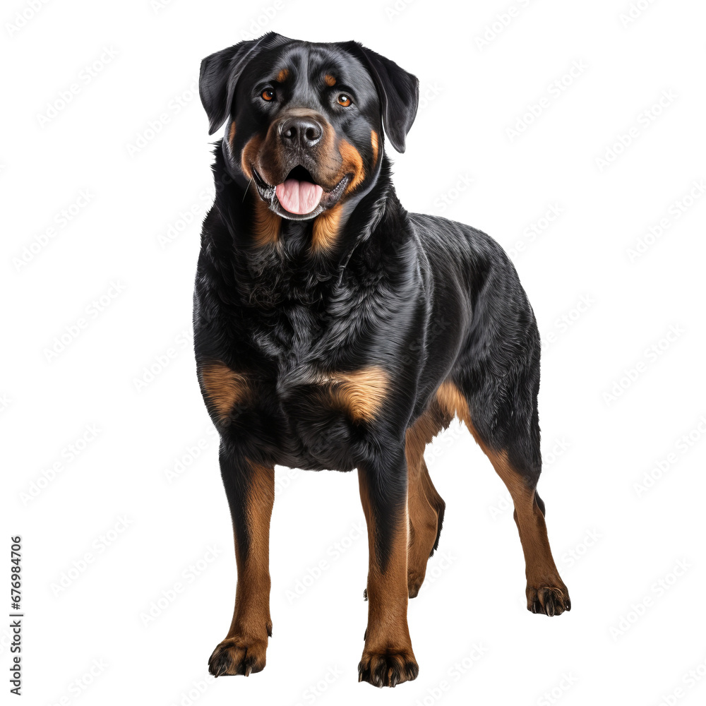 Full-bodied Rottweiler stands alert, showcasing its strong physique and black and tan markings, rendered against a seamless transparent backdrop. Full-bodied Rottweiler stands alert, showcasing its strong physique and black and tan markings, rendered against a seamless transparent backdrop.