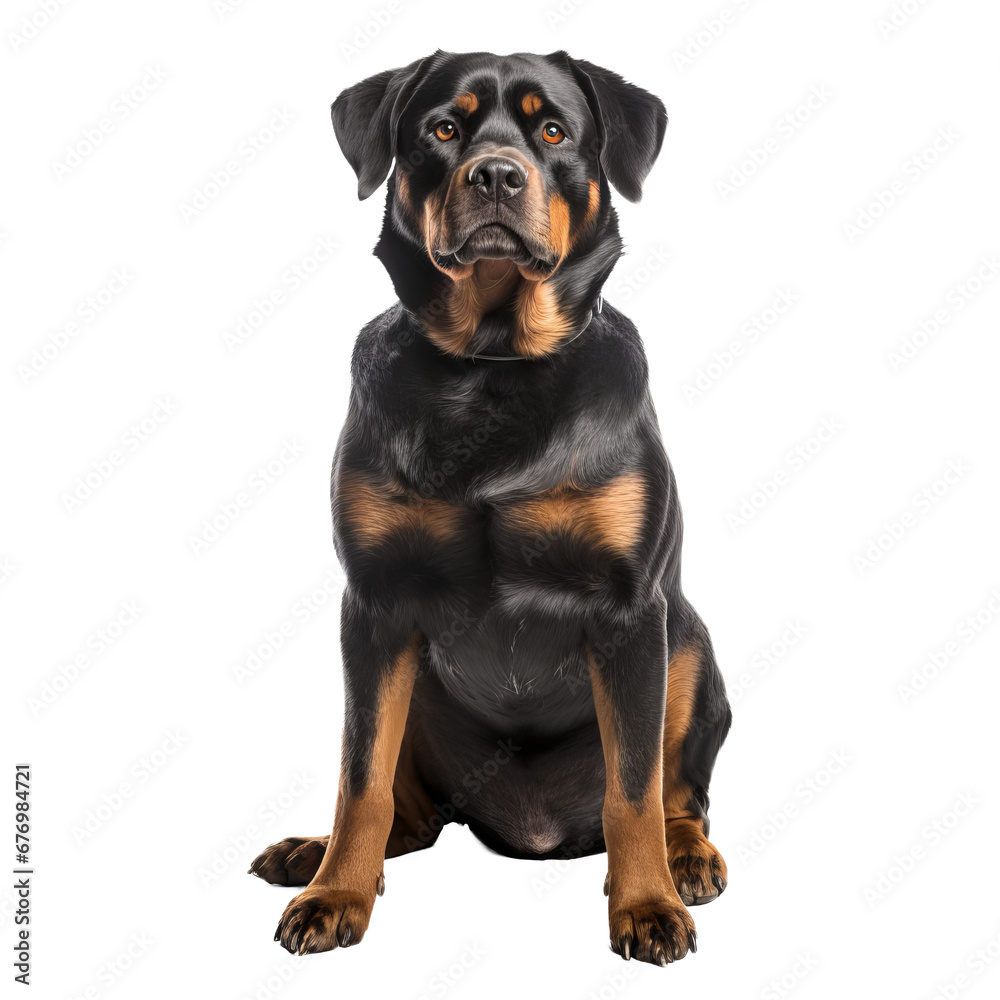 Rottweiler dog stands in full view, well-muscled and alert, displayed against a transparent background, showcasing its strength and poise.