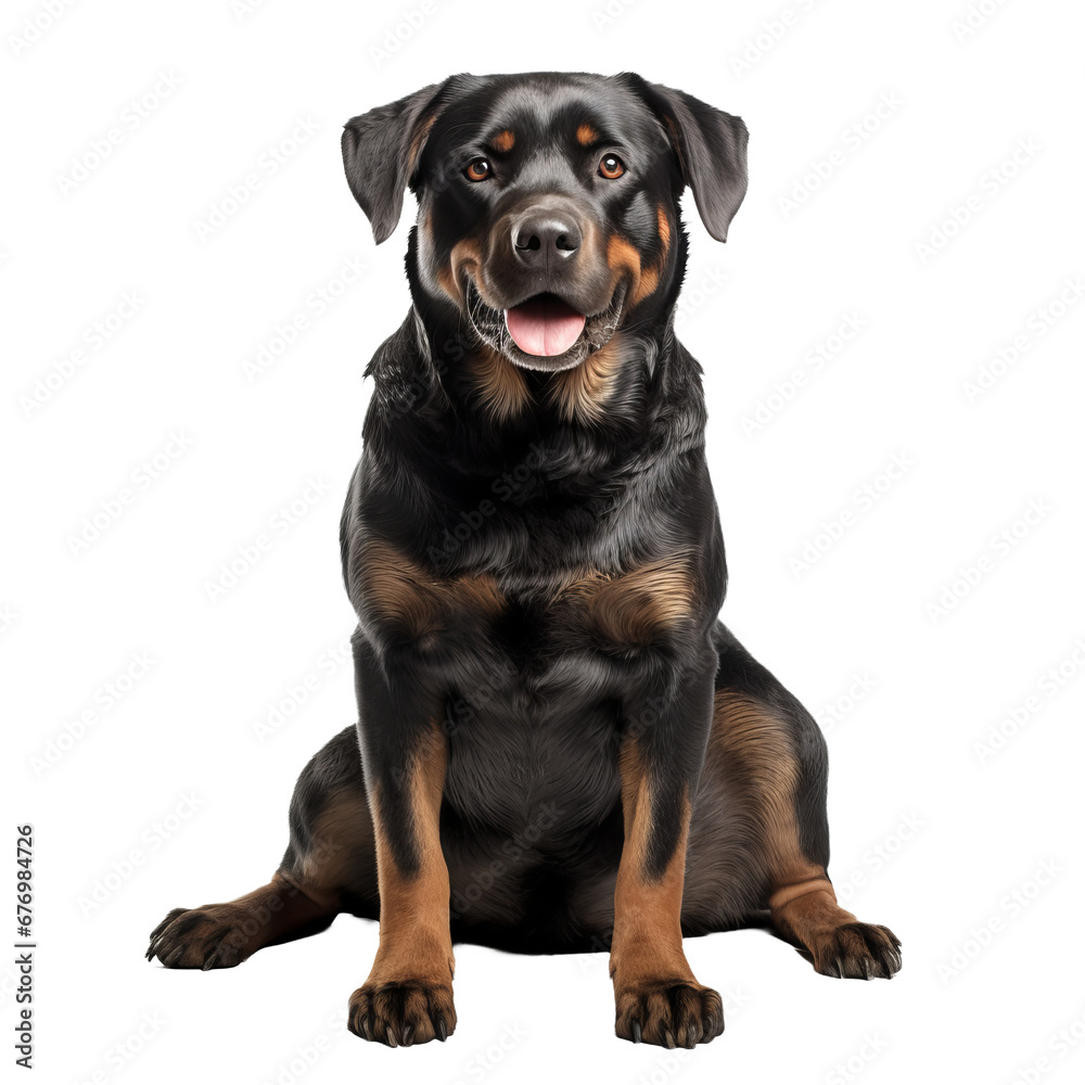 A Rottweiler dog stands in full view, its muscular frame and glossy black and tan coat displayed clearly against a transparent background.
