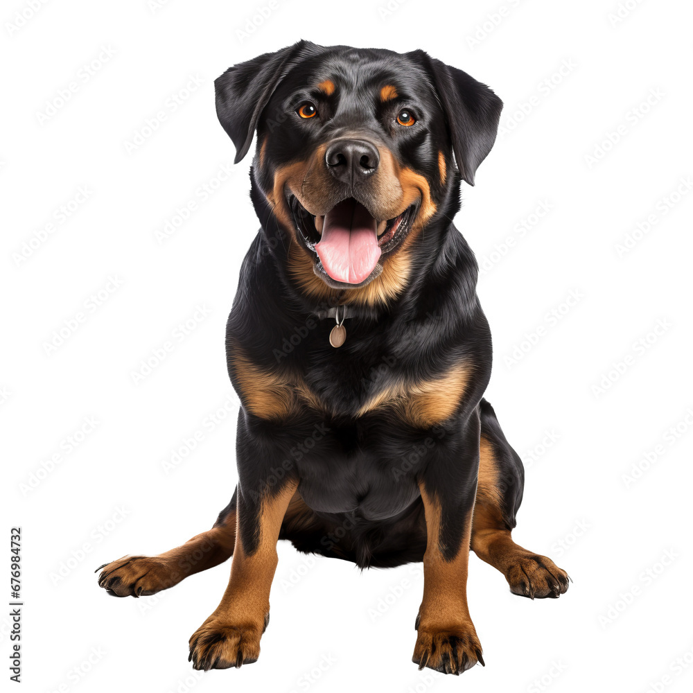 Rottweiler dog stands alert with a glossy coat and muscular build, depicted in full body detail against a transparent background.