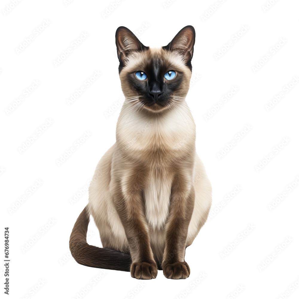 Siamese cat, sleek and elegant, with creamy fur and dark points, stands gracefully, full body visible, against a transparent backdrop.