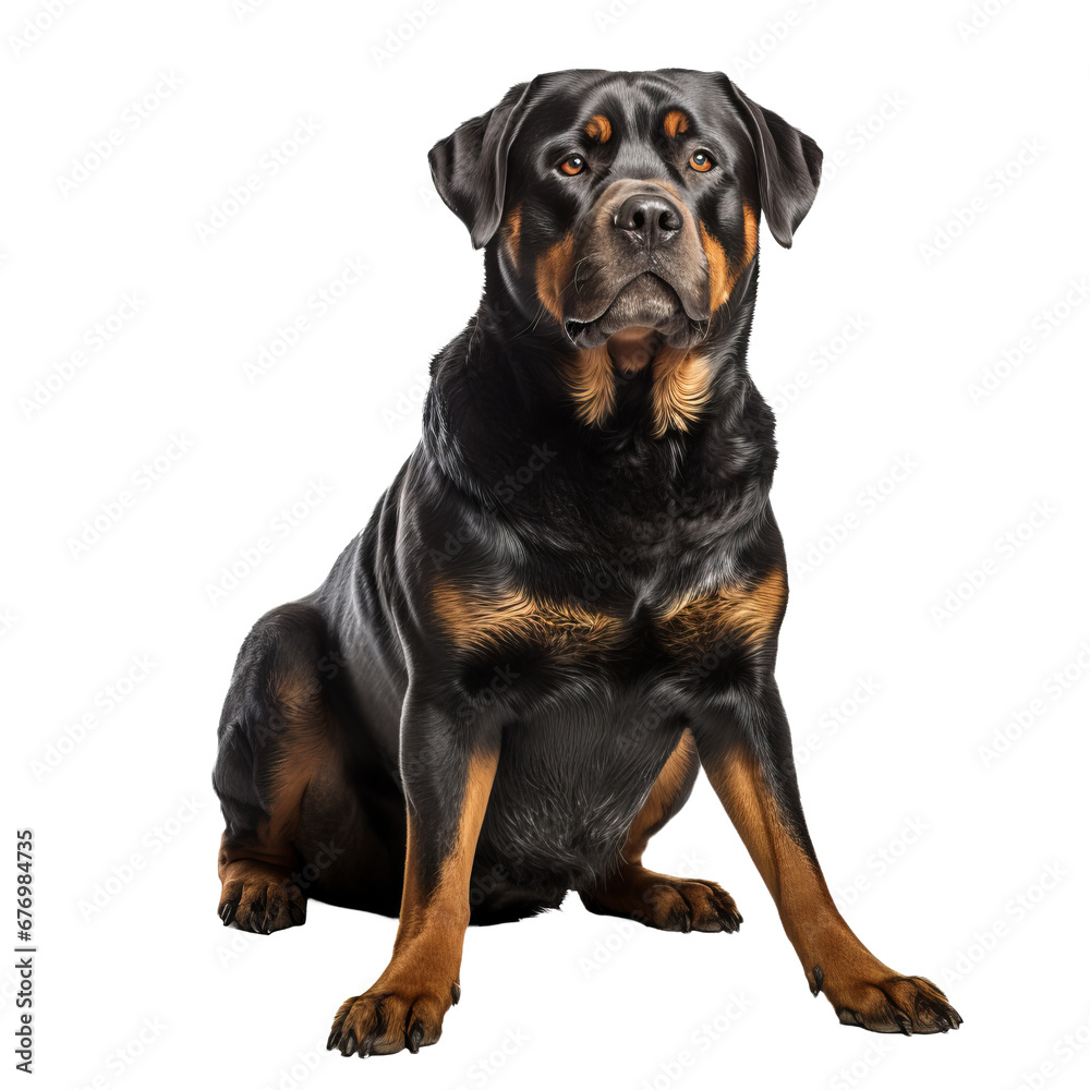 A full-body image of a Rottweiler dog with a glossy coat, standing alert on a transparent background, showcasing its robust physique.