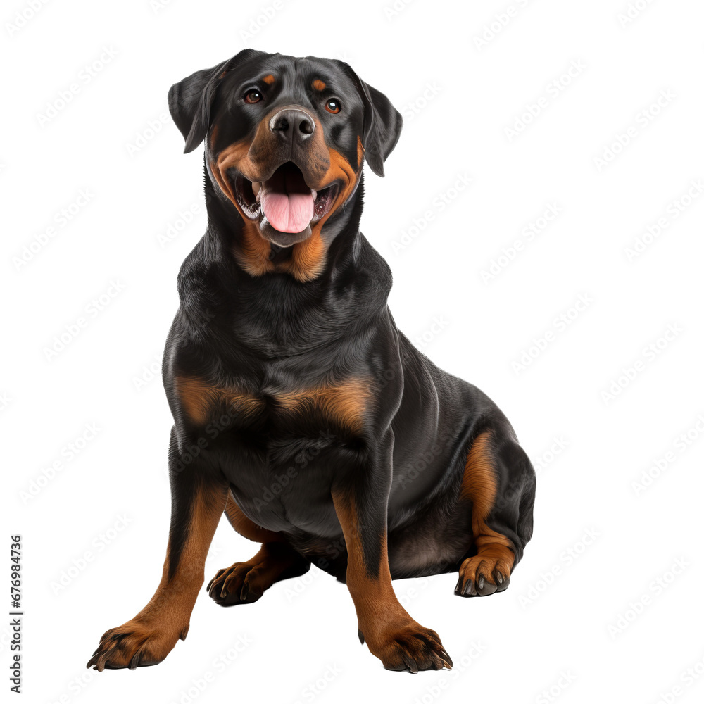 A full-body image of a Rottweiler standing, showcasing its muscular frame and distinctive markings, set on a transparent background for easy overlay.