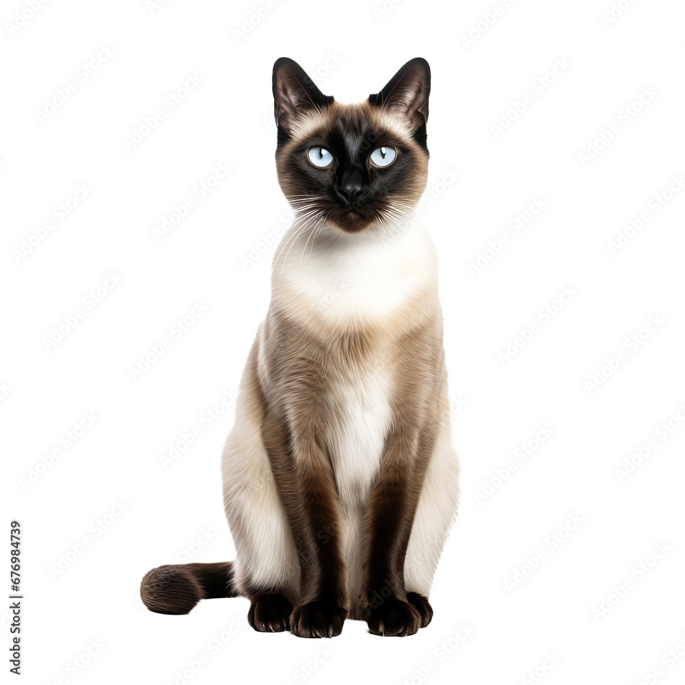A Siamese cat, with a sleek coat and striking blue eyes, stands in full view against a transparent backdrop.
