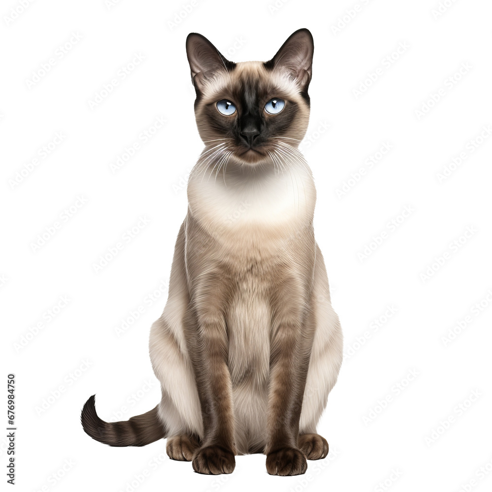 A Siamese cat with a sleek coat and striking blue eyes is depicted in full body against a transparent background, showcasing its elegant features.