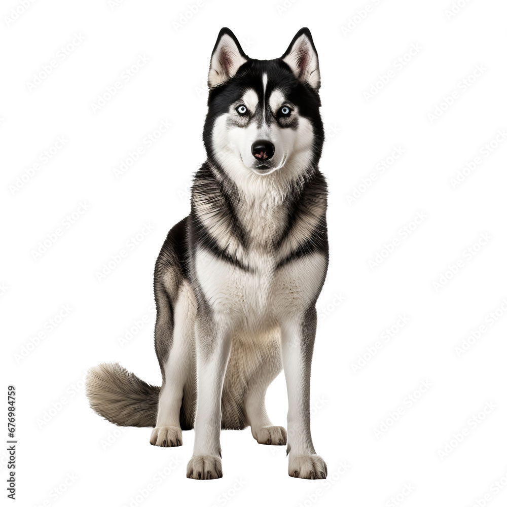 Full-body Siberian Husky dog visible on a transparent backdrop, showcasing its distinct coat and striking features.