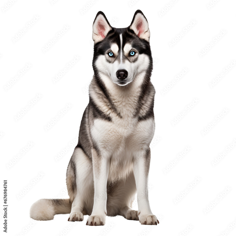 Siberian husky with a thick fur coat and piercing eyes, showcasing its full body, stands alert on a transparent backdrop. Siberian husky with a thick fur coat and piercing eyes, showcasing its full body, stands alert on a transparent backdrop.