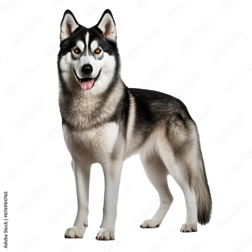 Siberian Husky dog, full-bodied and alert, stands with striking coat patterns and bright eyes on a transparent background, showcasing its majestic stature.